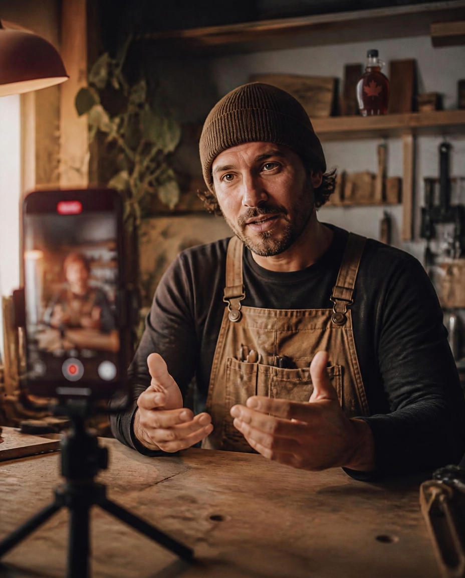 A trades creator filming a video at their workbench