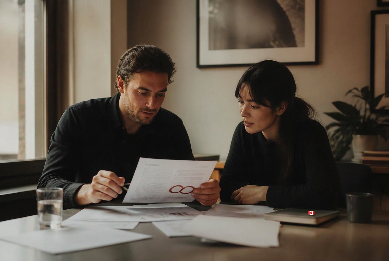 Two strategists reviewing printed campaign pages in a warm-lit room